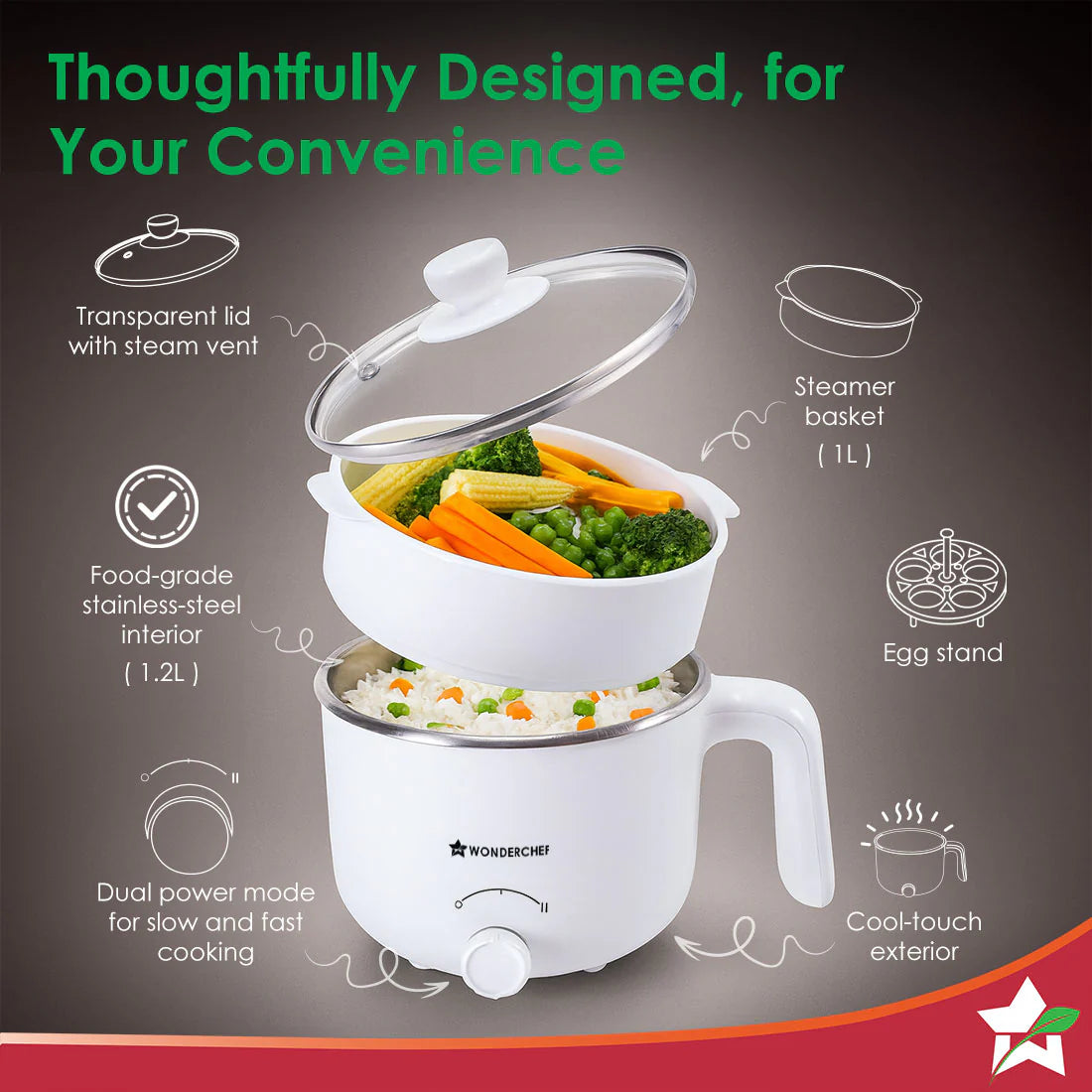 Wonderchef Luxe Multi Cook Kettle | Dual Power Modes | Quick Boiling | Automatic Shut-Off 1.2L 600W