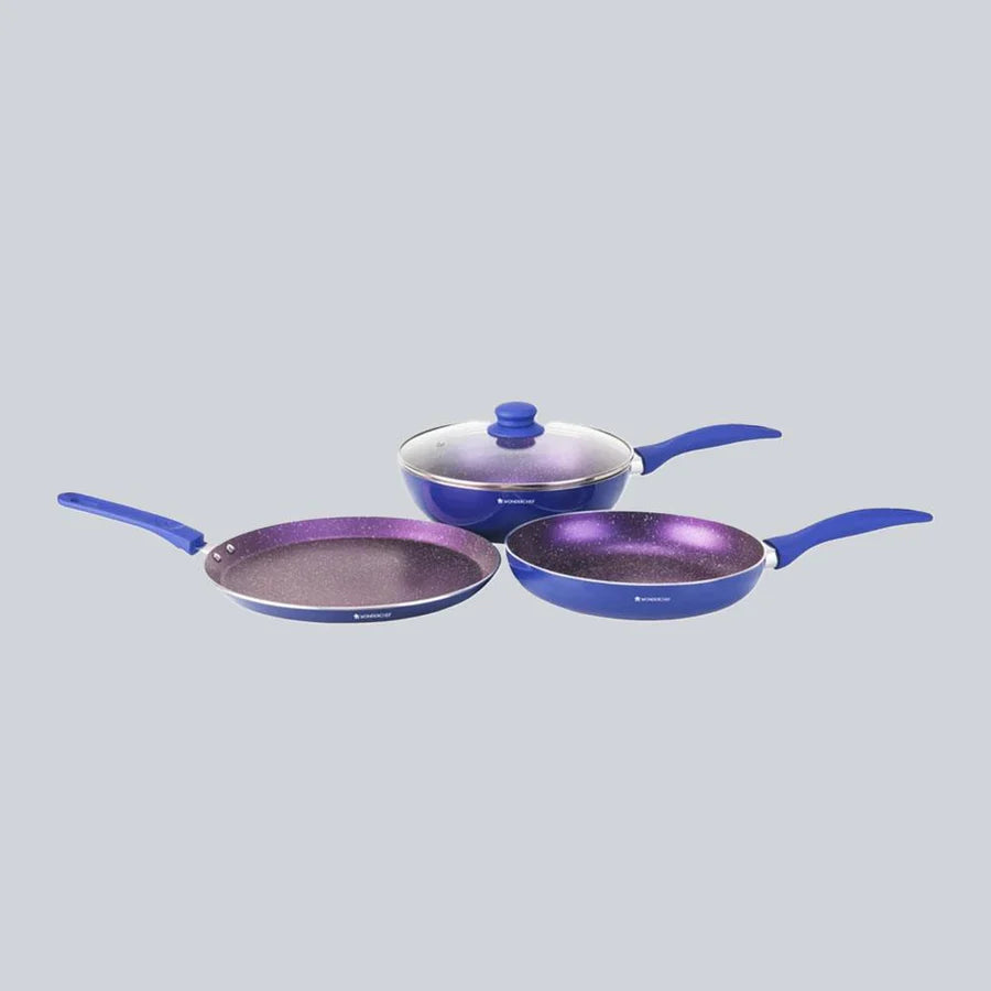 Wonderchef Blueberry Set, Meta Tuff coating, Tempered glass lid set of 3pc