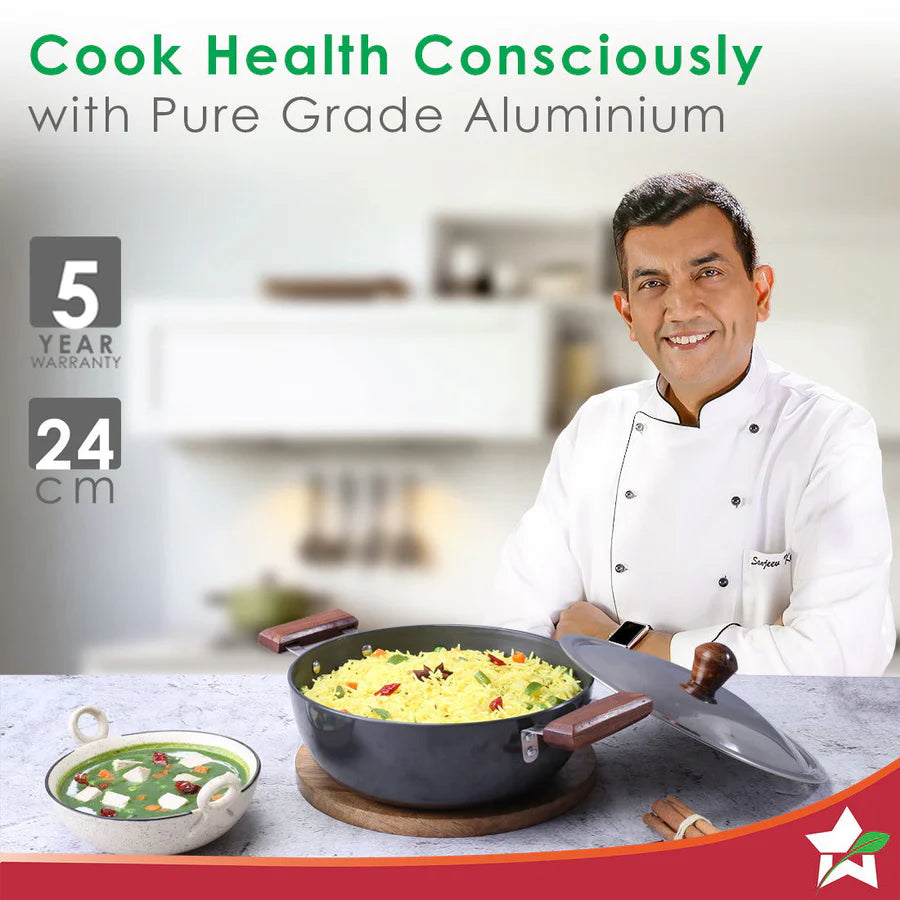 Wonderchef Ebony Hard Anodized Deep Kadhai with Lid 24cm,3 L