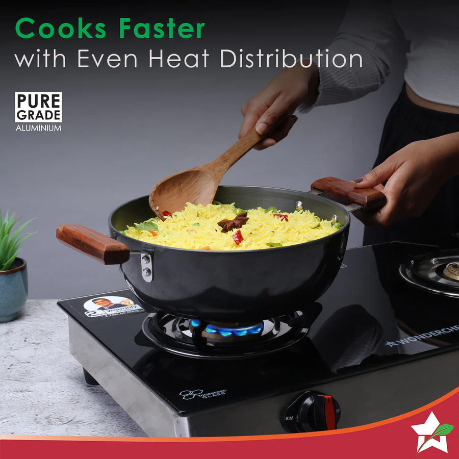Wonderchef Ebony Hard Anodized Deep Kadhai with Lid 24cm,3 L
