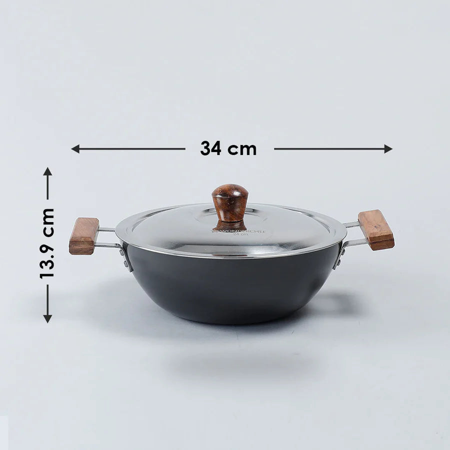 Wonderchef Ebony Hard Anodized Wok with Lid 24cm,2.7L