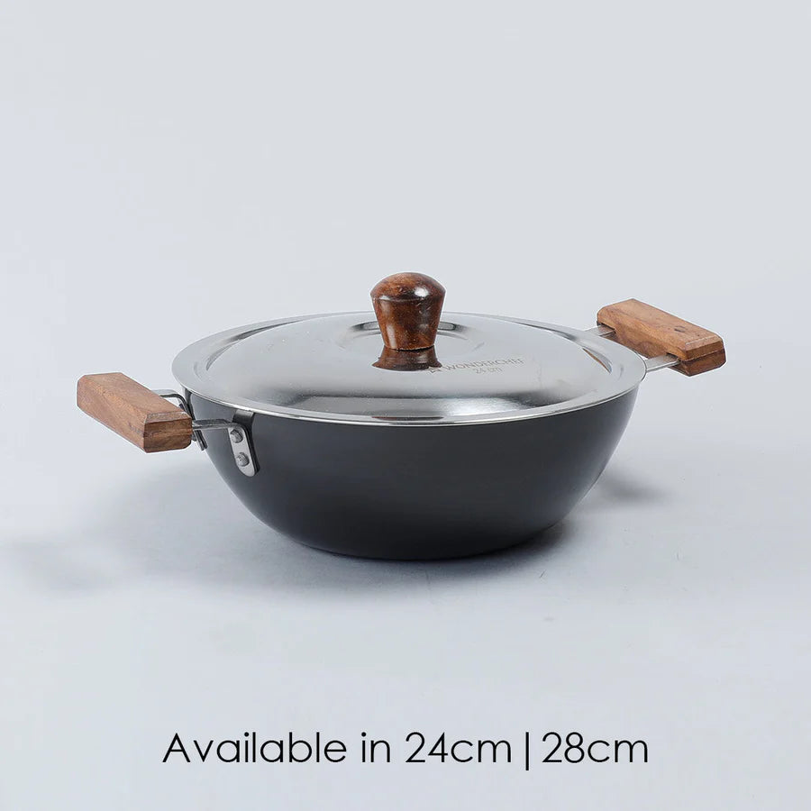 Wonderchef Ebony Hard Anodized Wok with Lid 24cm,2.7L