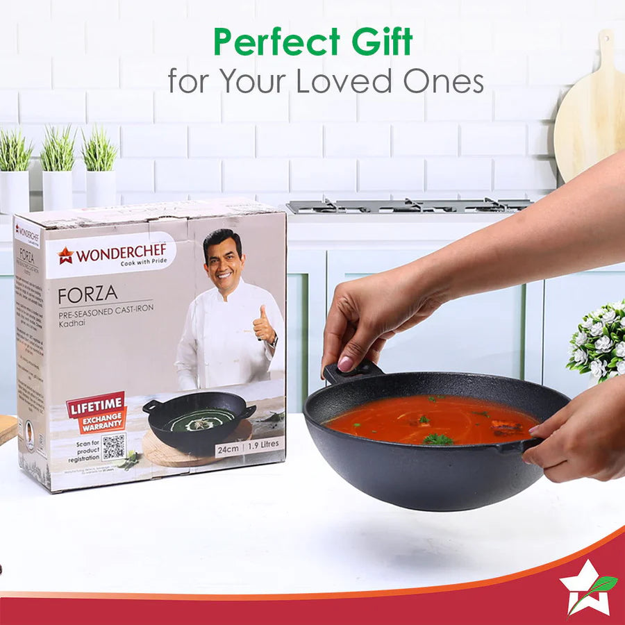 Wonderchef Forza Cast-iron Kadhai, Pre-Seasoned Cookware 24cm