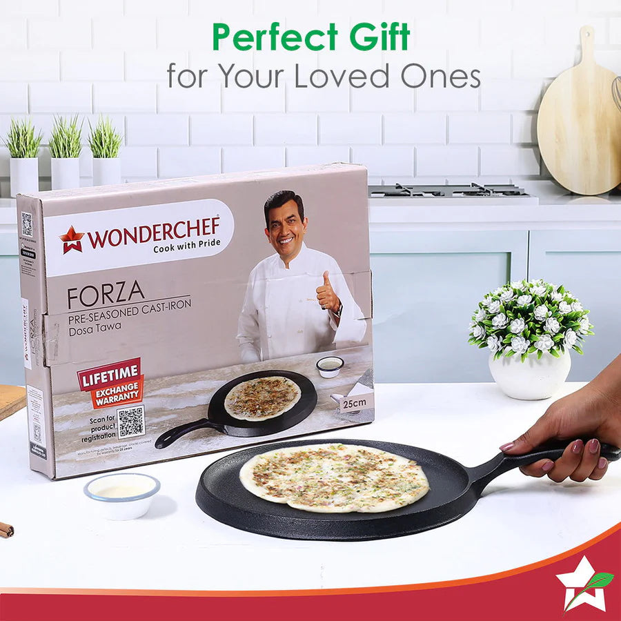 Wonderchef Forza Cast-Iron Dosa Tawa Pan | Pre-Seasoned Cookware 25cm