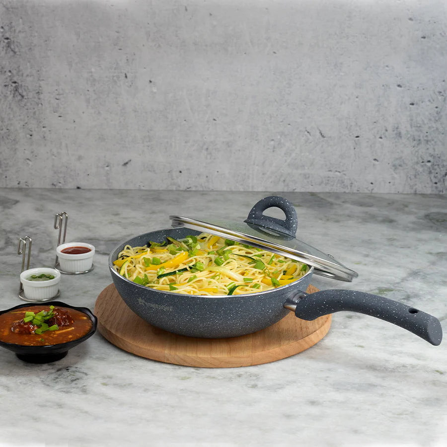 Wonderchef Granite 26cm Non-Stick Wok | Glass Lid 3.1L