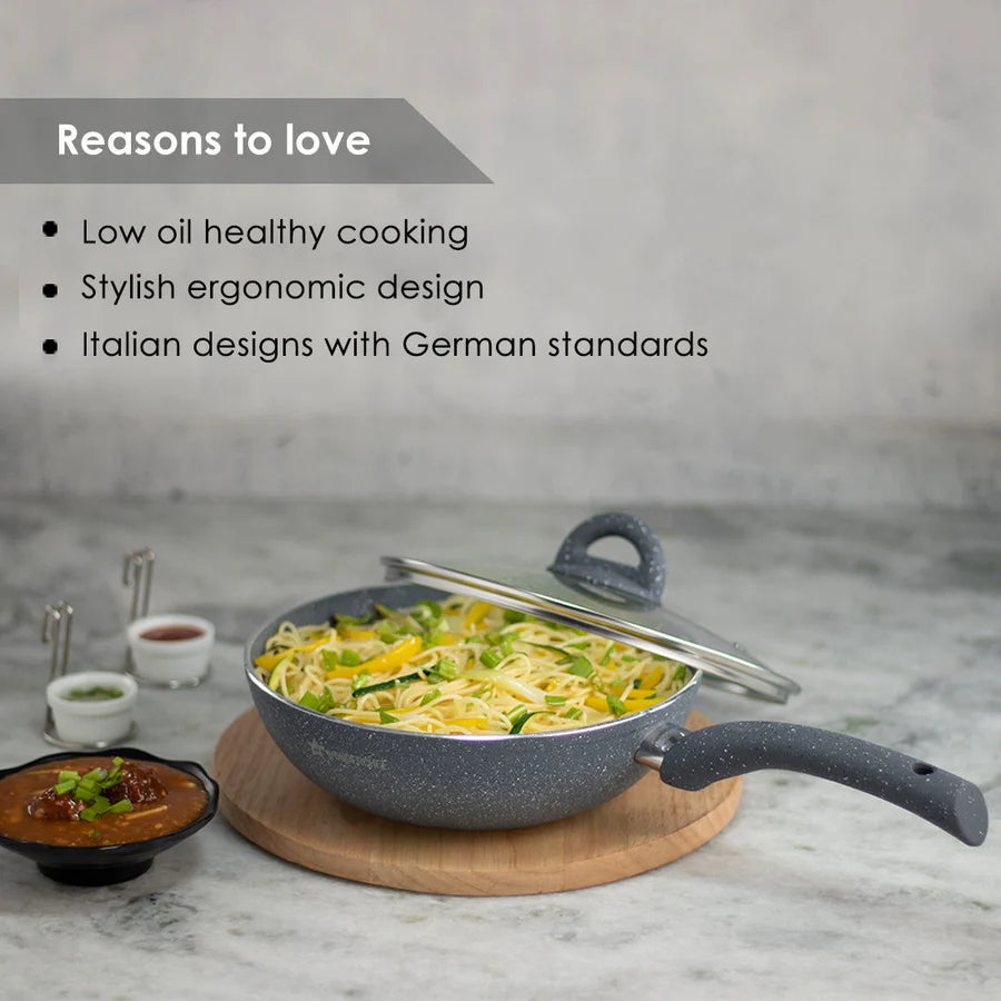 Wonderchef Granite 26cm Non-Stick Wok | Glass Lid 3.1L