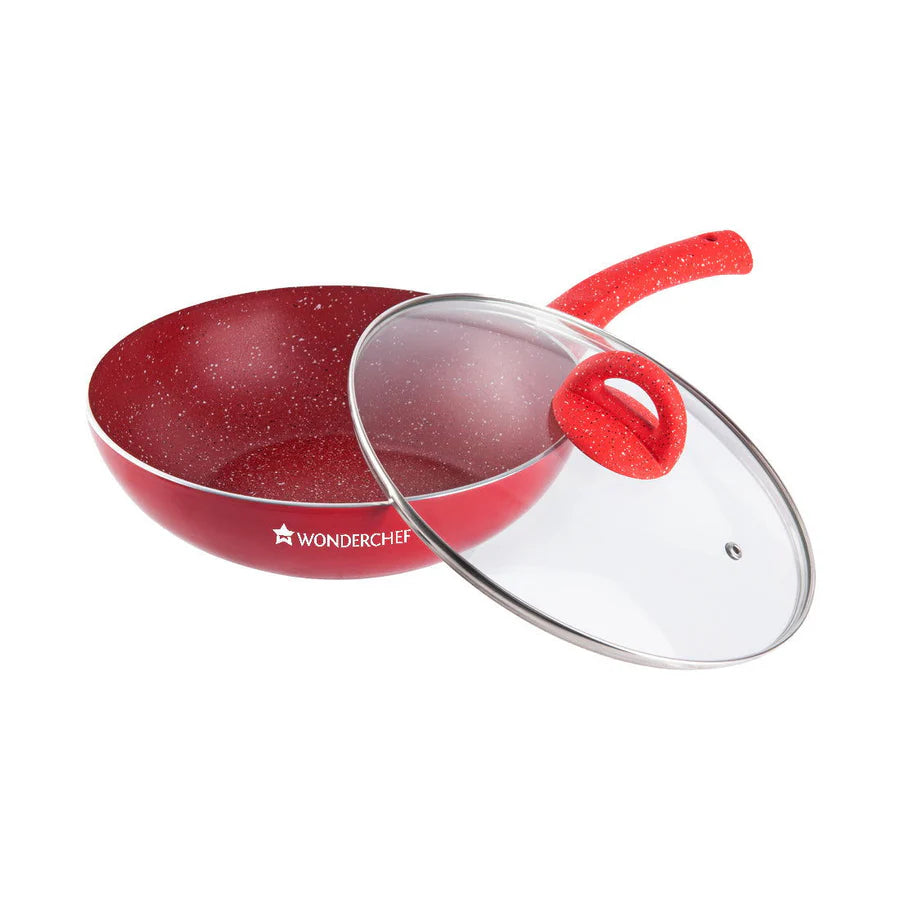 Wonderchef Granite Aluminium Non-stick Wok With Glass Lid, 24cm, 2.7L