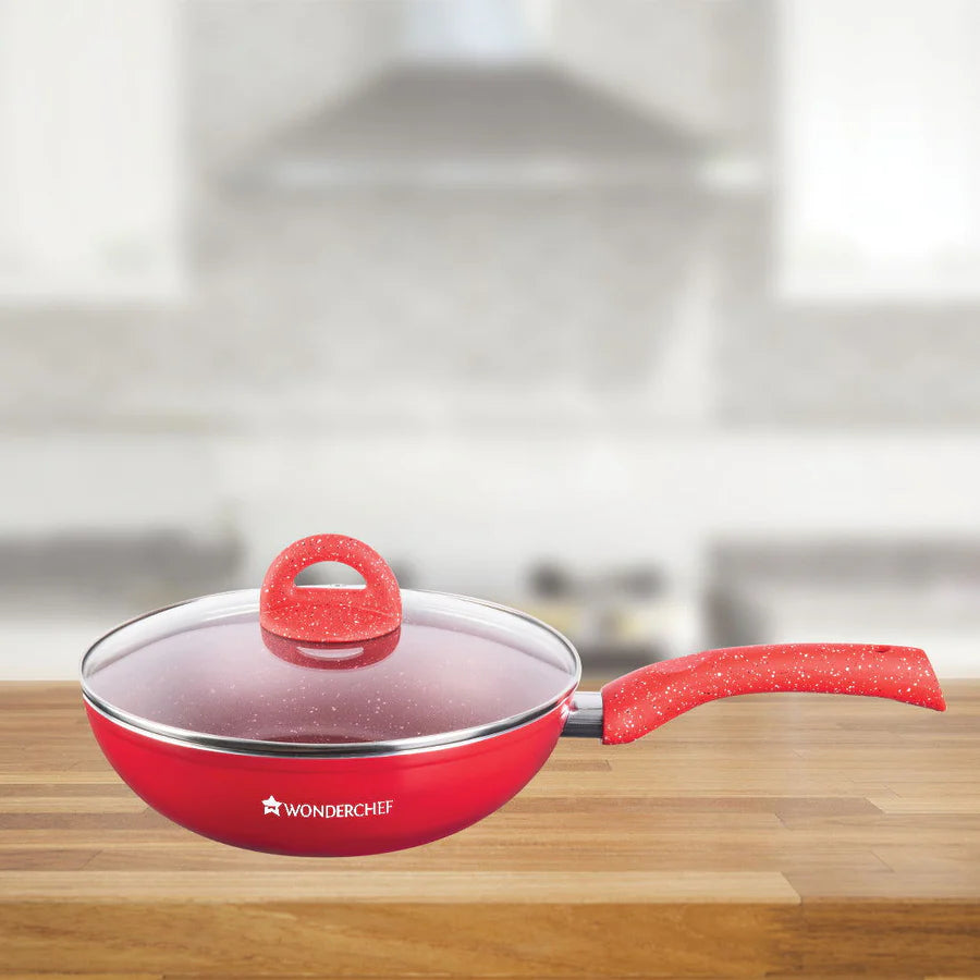 Wonderchef Granite Aluminium Non-stick Wok With Glass Lid, 24cm, 2.7L