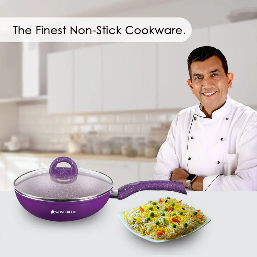 Wonderchef Granite Non-Stick Wok Glass Lid  Induction Bottom Purple