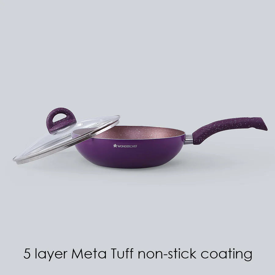 Wonderchef Granite Non-Stick Wok Glass Lid  Induction Bottom Purple