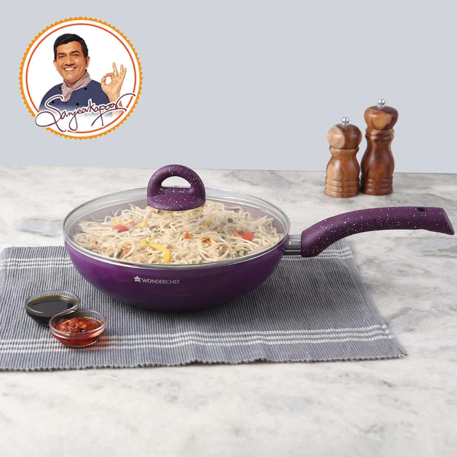Wonderchef Granite Non-Stick Wok Glass Lid  Induction Bottom Purple