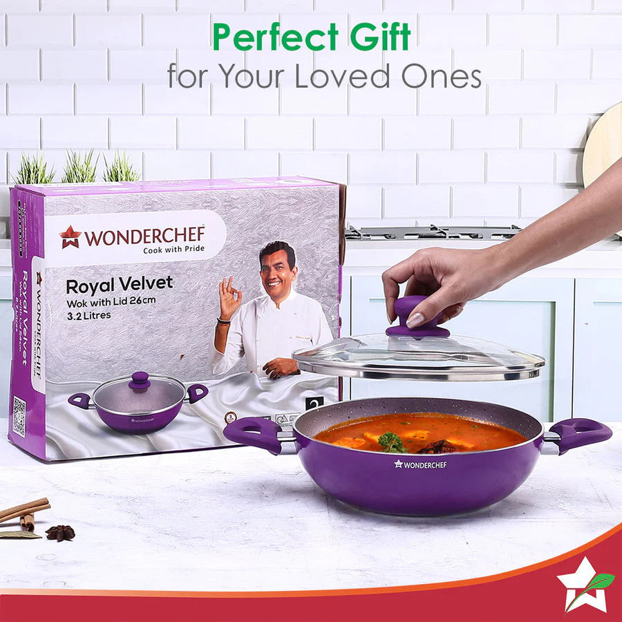 wonderchef Bellagio Kadhai with Lid Healthy Ceramic Coating 3mm,26cm
