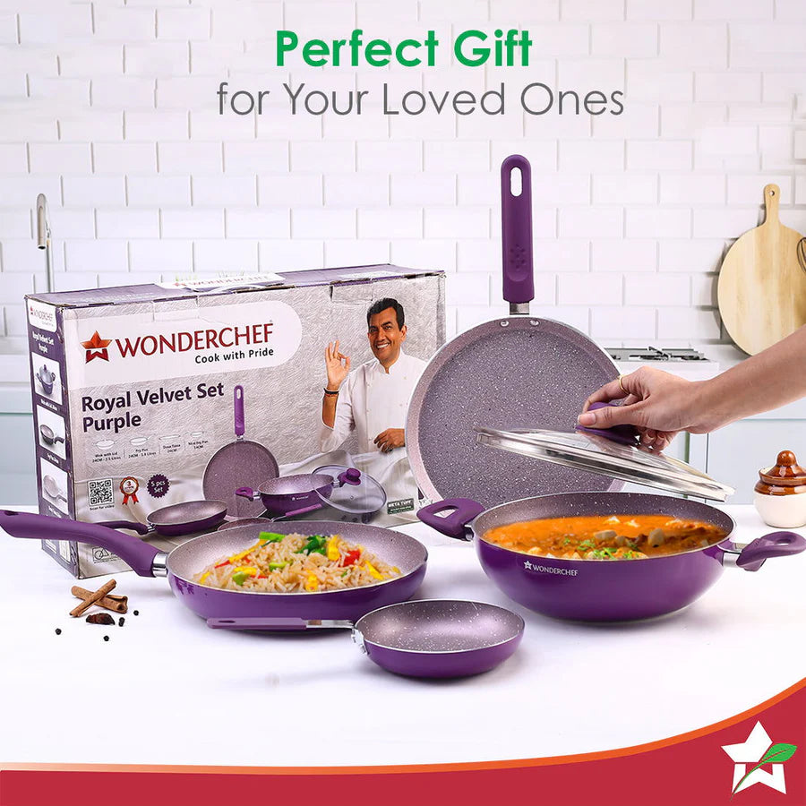 Wonderchef Royal Velvet Non-stick Cookware Set of 5pc,Purple 3mm