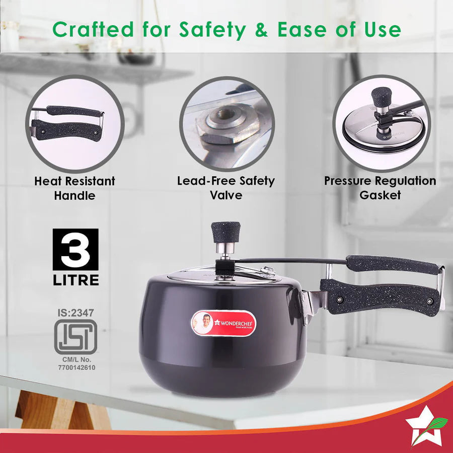 Wonderchef Taurus Hard Anodized  Inner Lid Pressure Cooker | Soft Touch Handles for Durability Induction Friendly