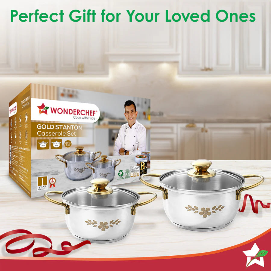 Wonderchef Gold Stanton 2 Pc Casserole Set with Glass Lids, 20 cm/22 cm