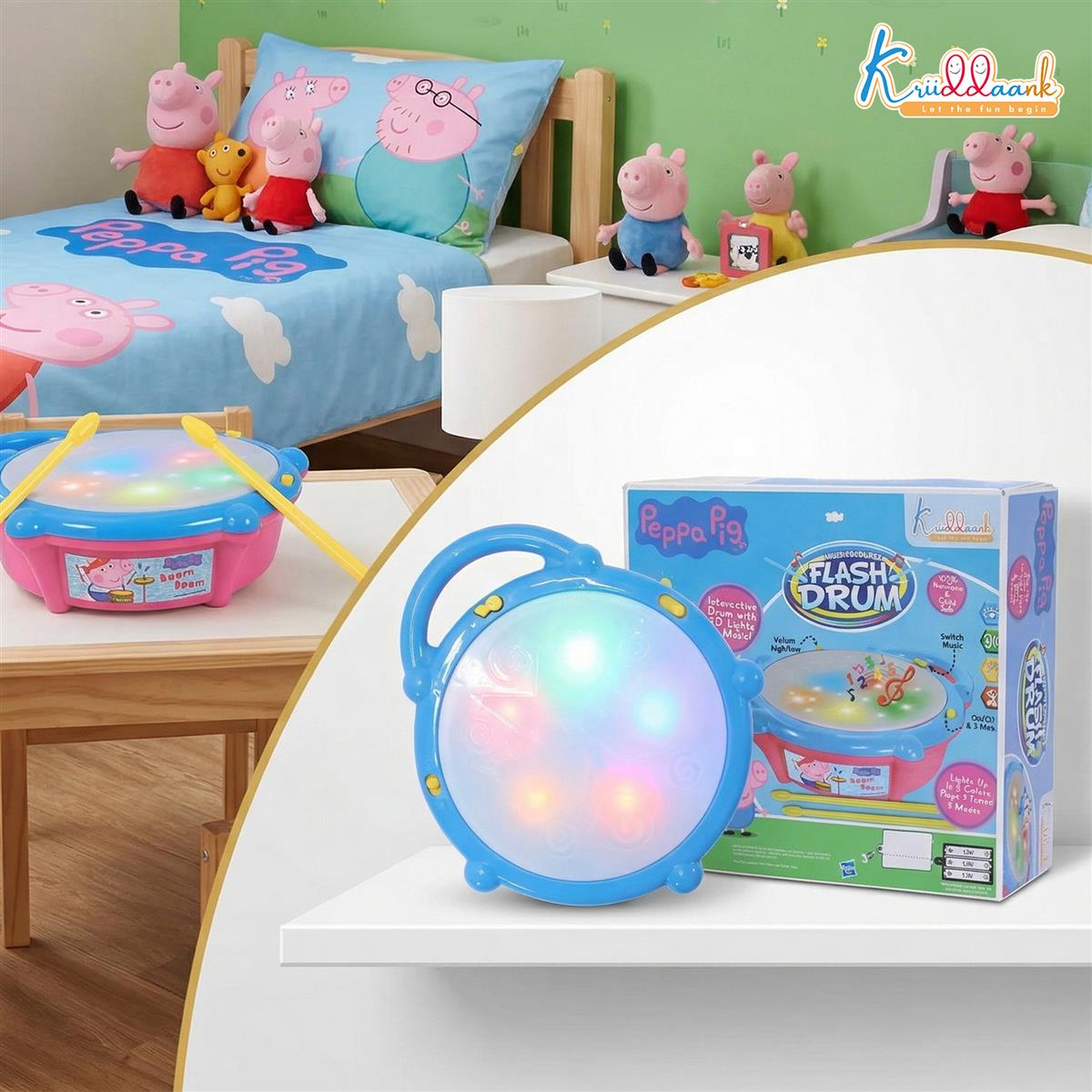 Kriiddaank Hasbro Peppa Pig Theme Flash Drum Musical Toy with 3D LED Lights