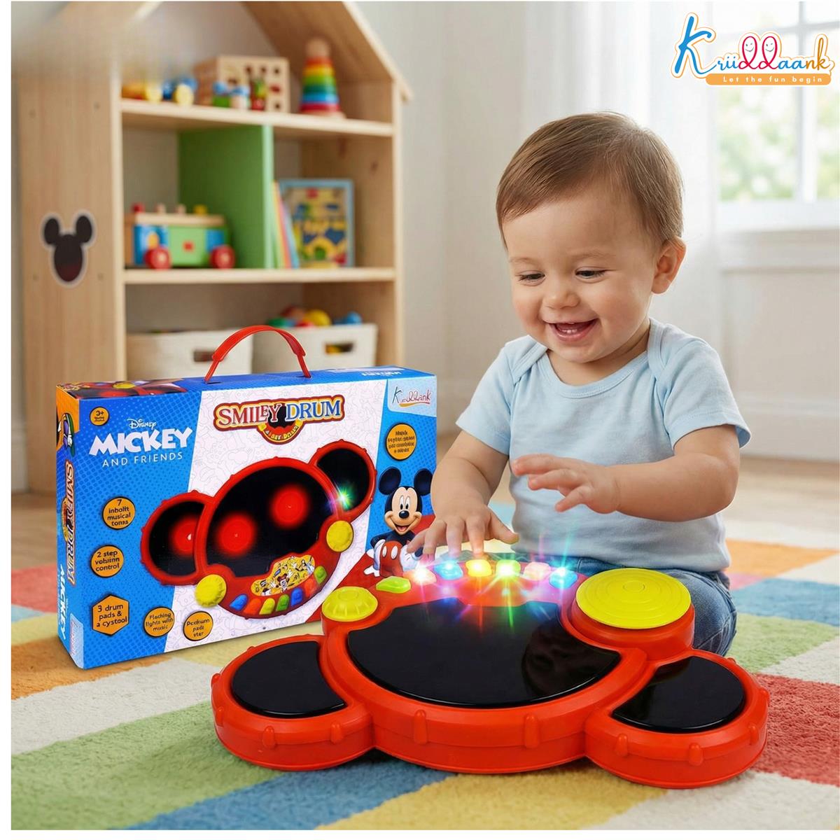 Kriiddank  Smiley Drum Musical Toy for Kids with 3 Drum Pads, Cymbal & Flashing 3D Lights