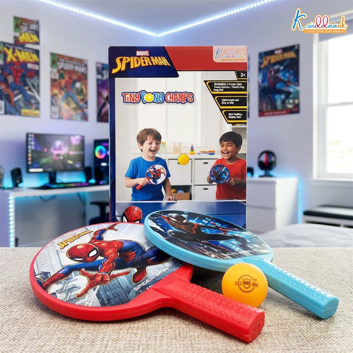 Kriiddaank Spiderman Tiny Pong Champs - Paddle Racket Set with Ball for Kids