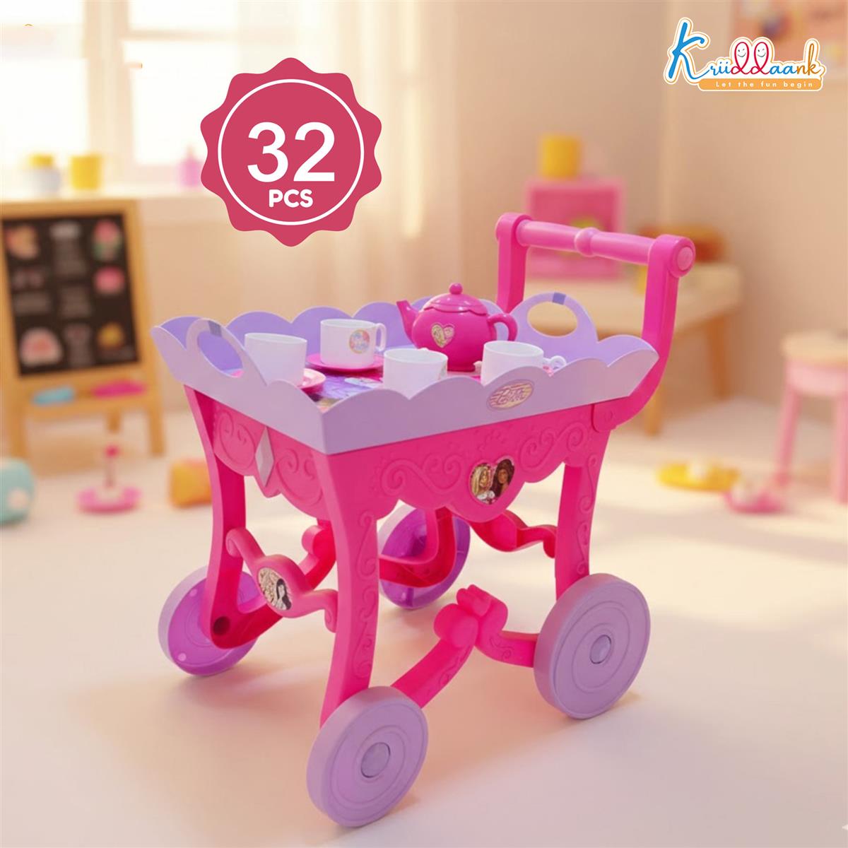 Kriiddaank Barbie 32 Pieces Tea Set Trolley for Kids 3Y+ with Music and Sounds