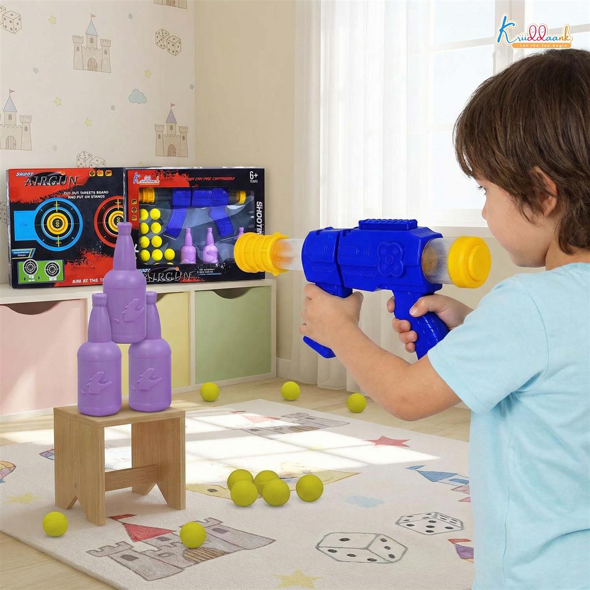 Kriiddank Foam Dart Gun Soft Ball Air-Powered Blaster Toy for Kids - Shooting Game with Target Boards & 16 Pieces
