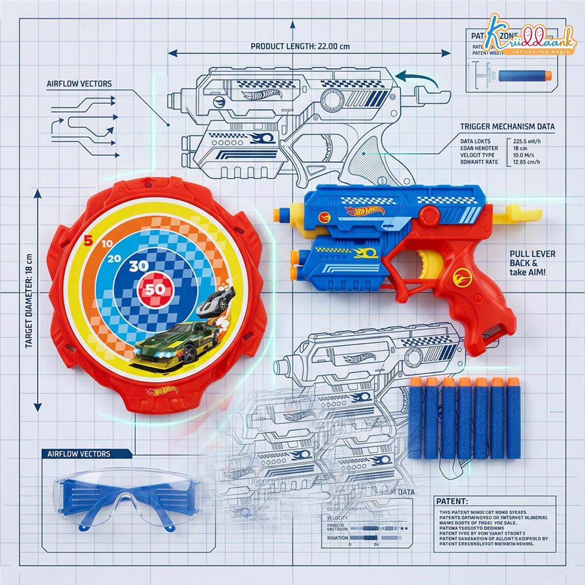 kriiddaank Hot Wheels Blaster Gun Toy for Kids - Soft Bullet Foam Blaster with 10 Darts, Target Board & Safety Glasses