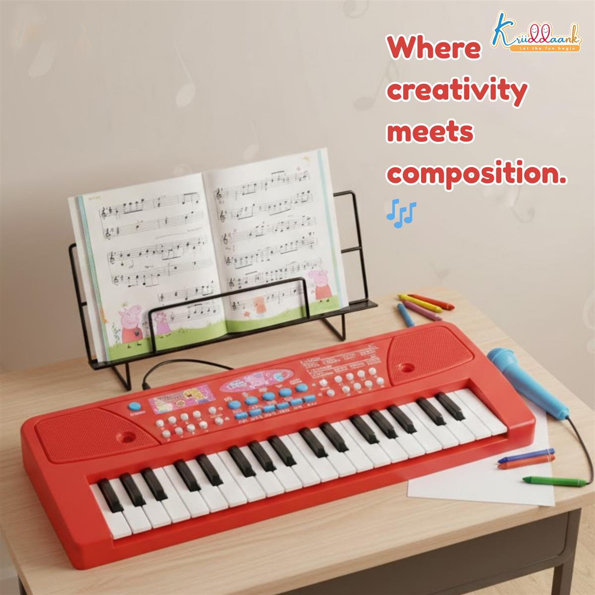 Kriiddaank Peppa Pig Theme Musical Keyboard Piano for Toddlers with Microphone & USB