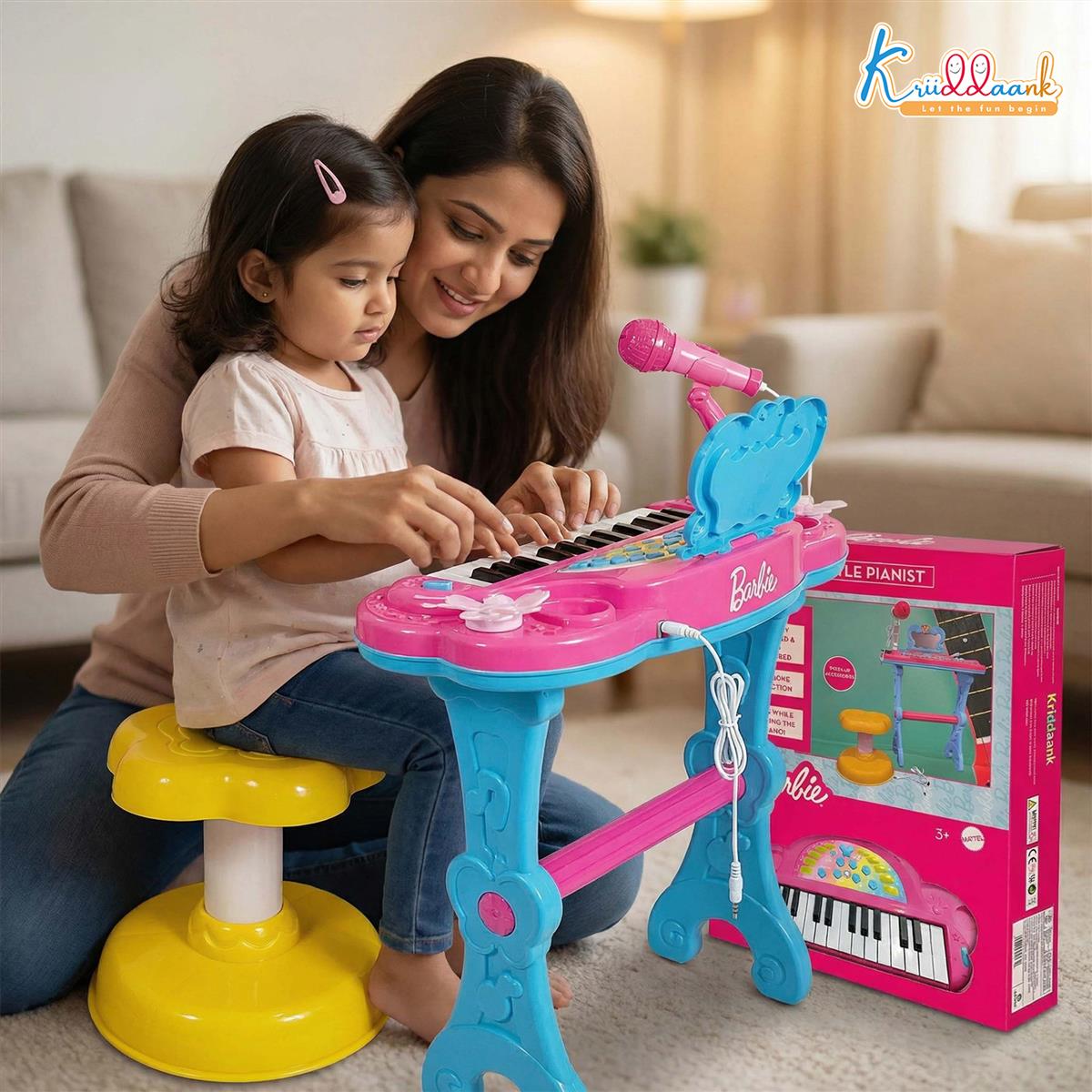 Kriiddaank Mattel Barbie Theme Little Pianist Keyboard with Microphone & Stool