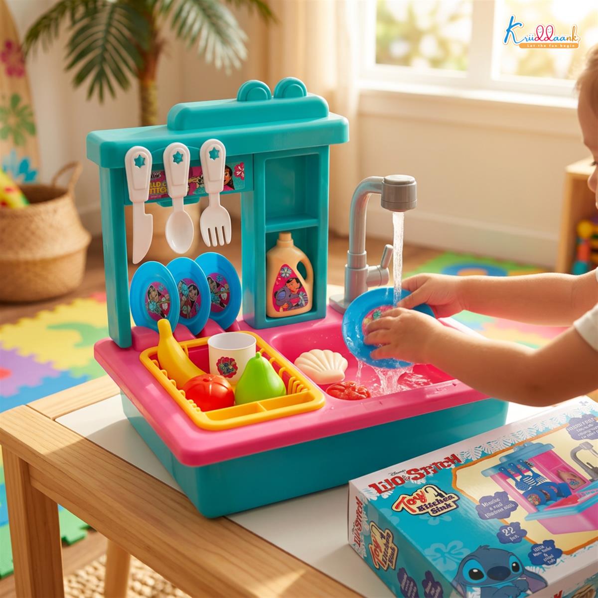 Kriiddaank Stitch Toy Kitchen Sink Playset with Electric Faucet & Running Water - 22 Pcs