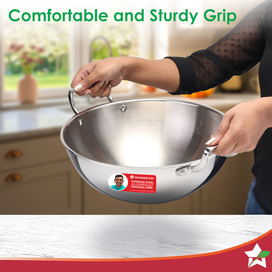 Wonderchef Stella Triply Stainless Steel Kadhai with Lid | 20 cm, 1.6 L
