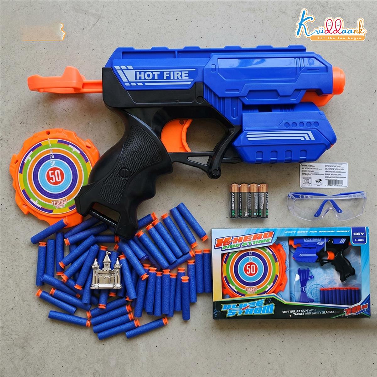 Kriiddaank X Hero Soft Bullet Blaster Gun Toy for Kids with 10 Foam Darts, Target Board, and Safety Glasses
