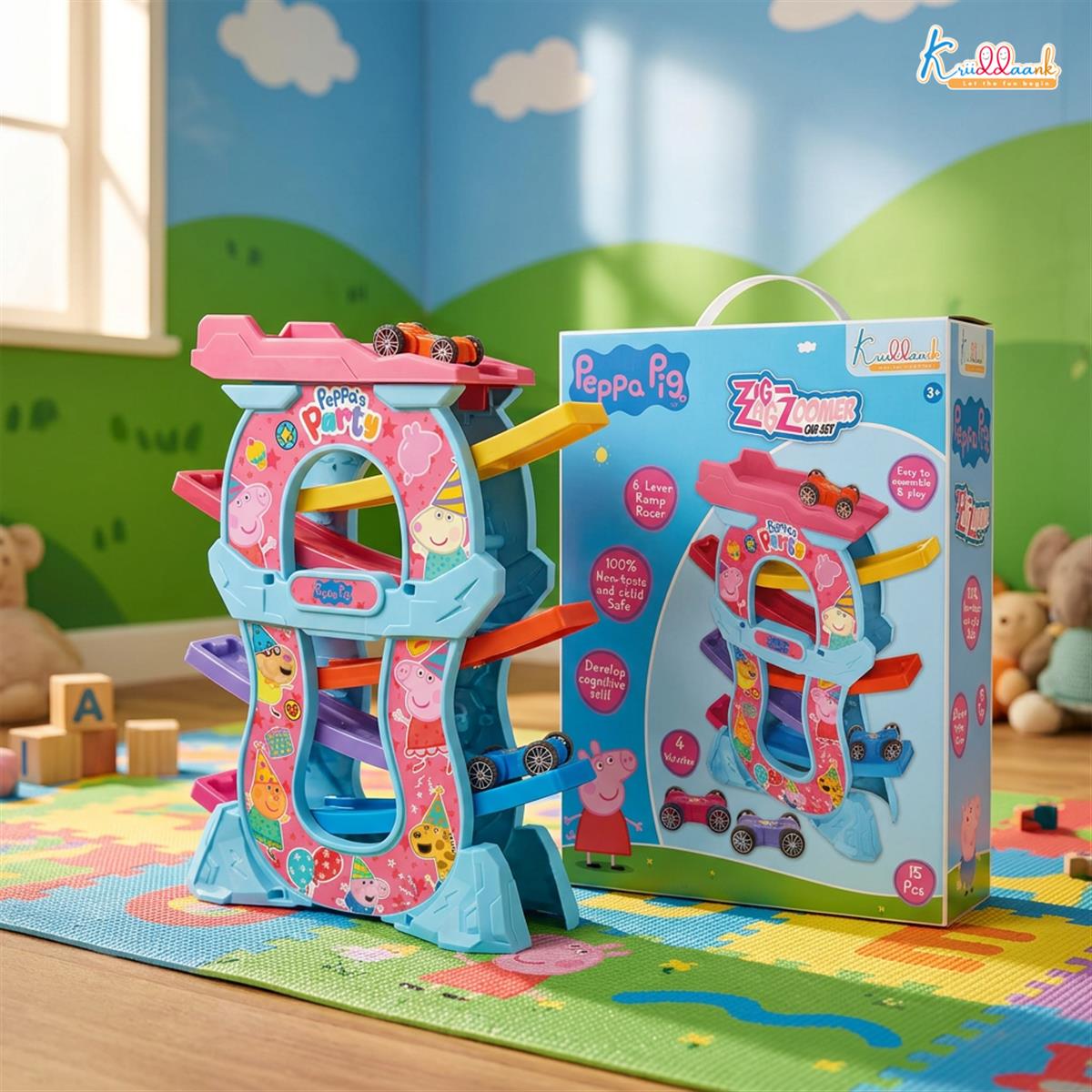 Kriiddaank Peppa Zig Zag Zoomer Ramp Racer Car Track for Toddlers Blue