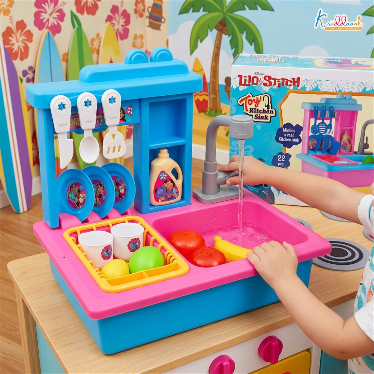Kriiddaank Stitch Toy Kitchen Sink Playset with Electric Faucet & Running Water - 22 Pcs