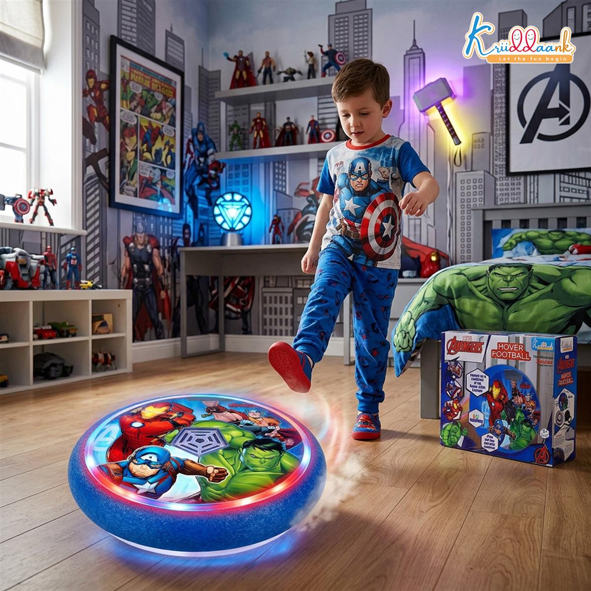 Kriiddank Marvel Avengers Hover Football Theme Air Power Soccer Ball with LED Lights & Foam Bumper