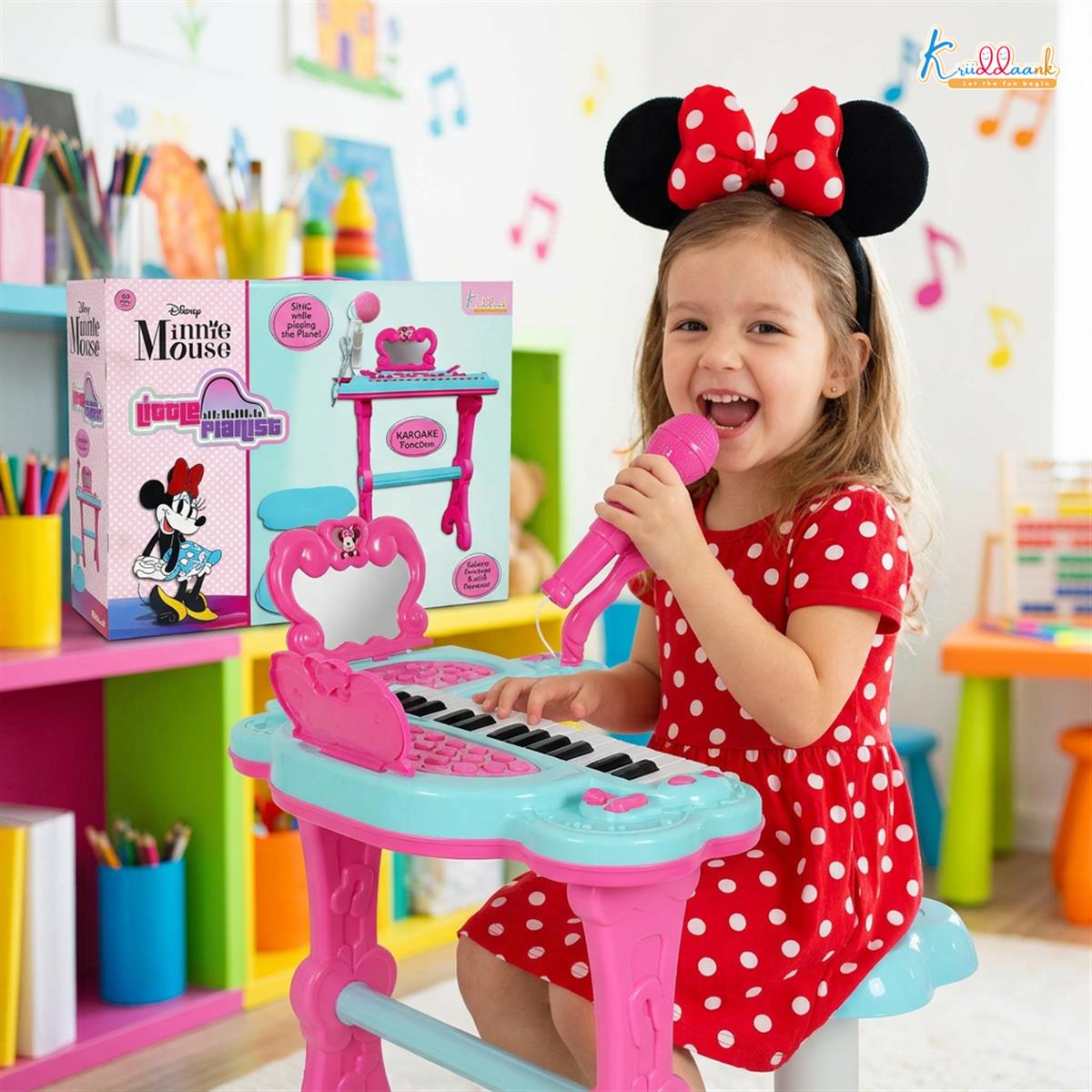 Kriiddaank Minnie Mouse Little Pianist Keyboard for Girls â€“ Musical Toy with Microphone, Stool & Dress