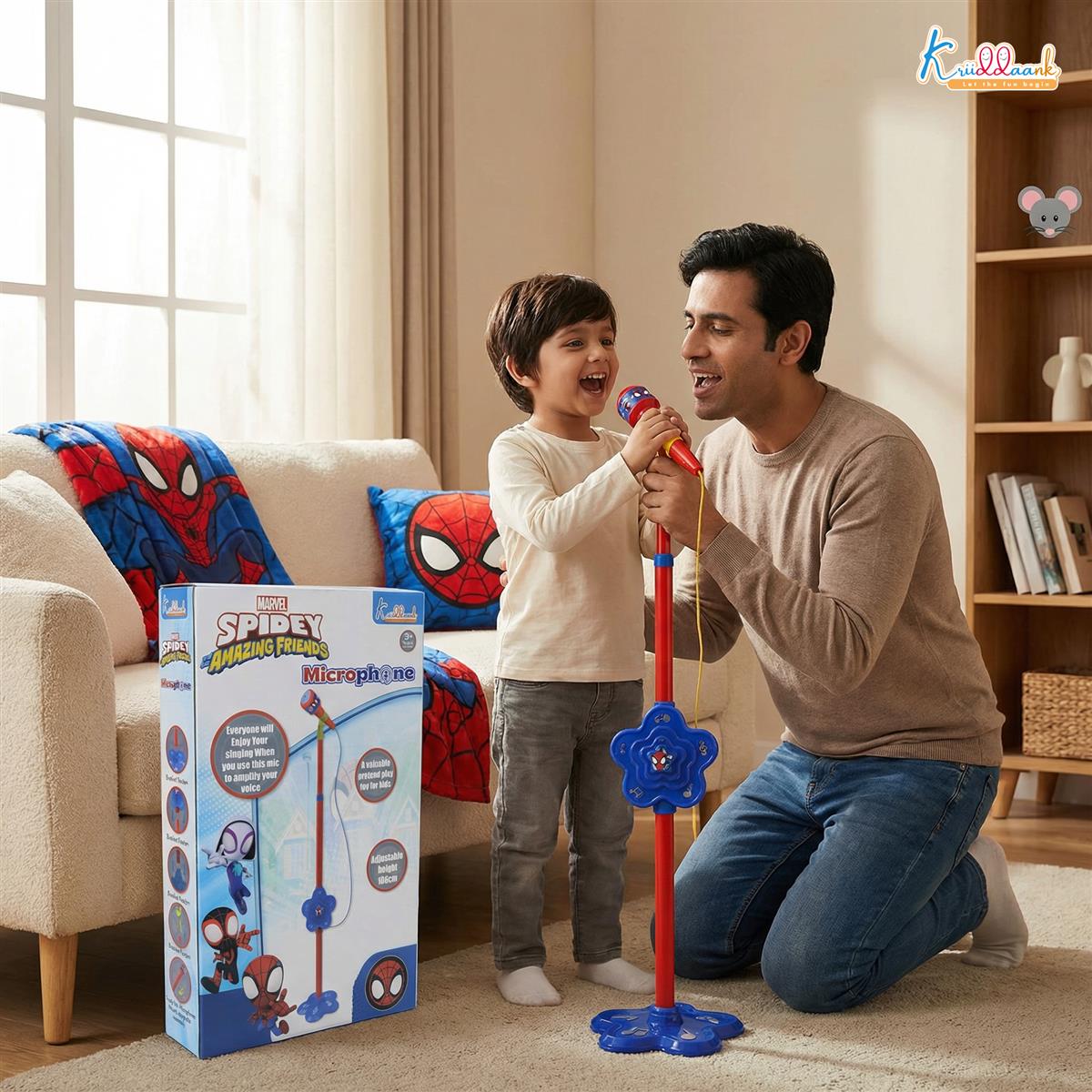 Kriiddaank Spiderman Microphone Stand for Kids - Portable Karaoke Set with Adjustable Stand (up to 106cm)