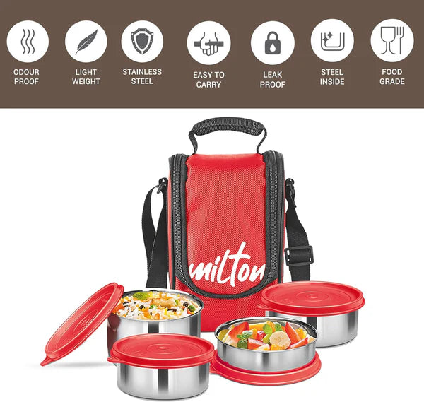 Milton Tasty Lunch Steel Tiffin Box Red 4pcs set