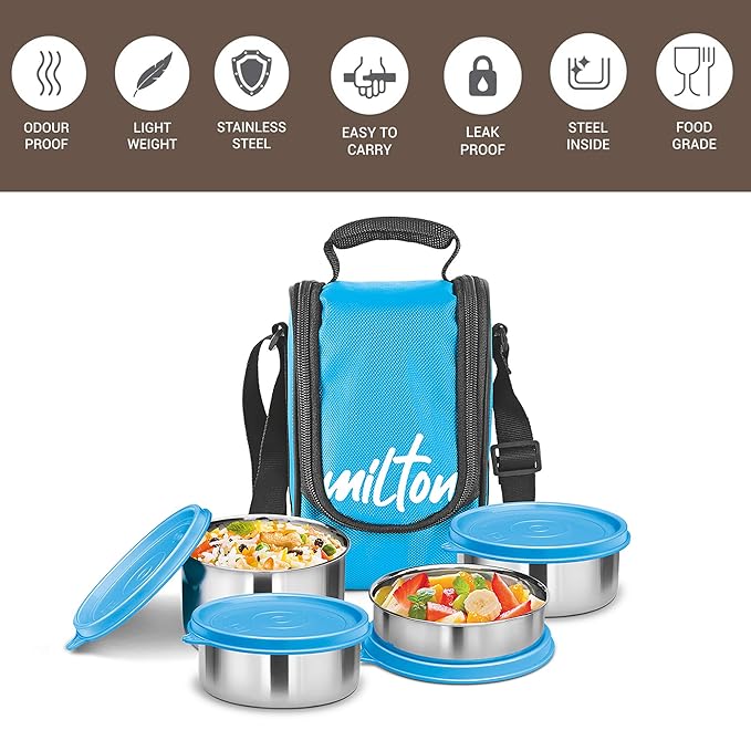 Milton Tasty Lunch Steel Tiffin Box Cyan 4pcs set