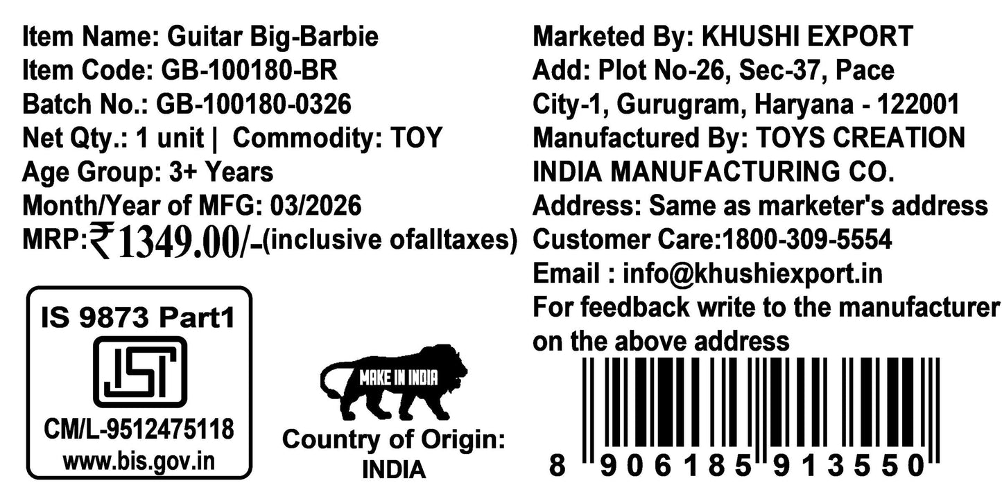 Kriiddaank Mattel Barbie Theme Big Guitar Toy for Kids - Pink