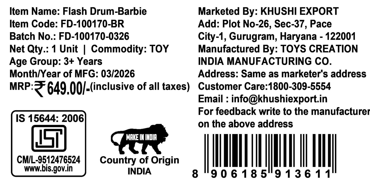 Kriiddaank Barbie Electronic Flash Drum with 3D Rhythm Lights & Music