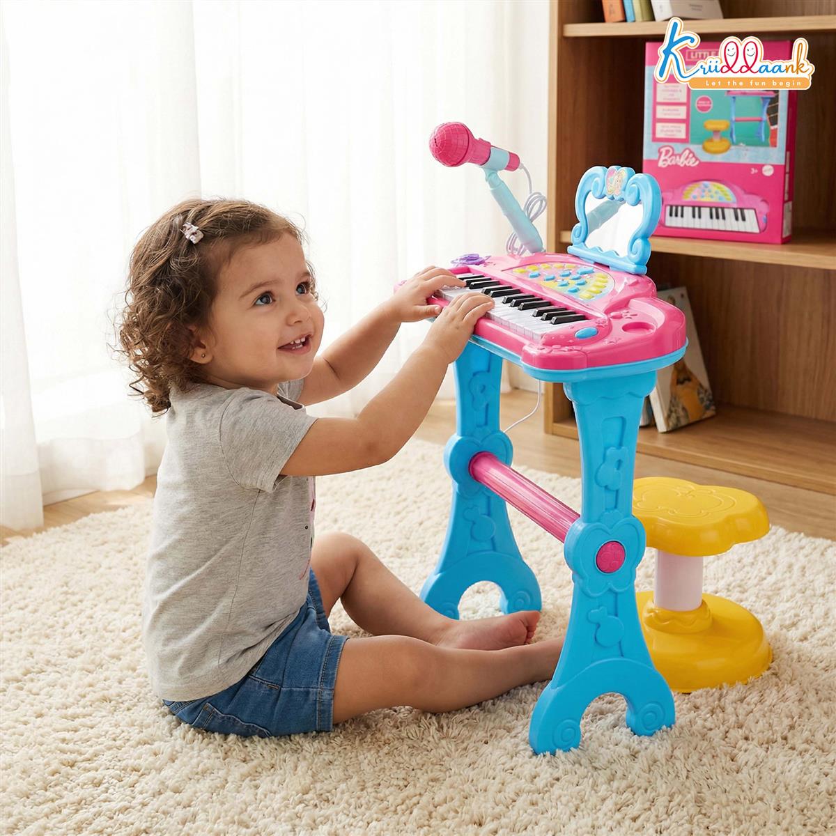 Kriiddaank Mattel Barbie Theme Little Pianist Keyboard with Microphone & Stool