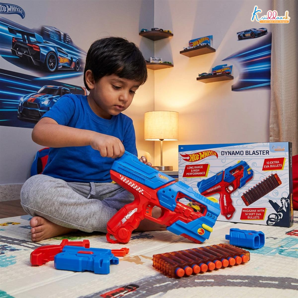 kriiddaank Hot Wheels Dynamo Blaster Toy Gun with 22 Soft Foam Bullets & 12-Dart Cartridge, Long Range Action