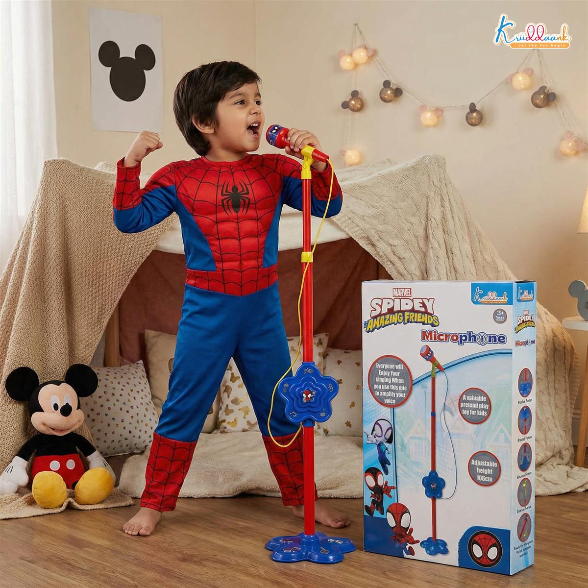 Kriiddaank Spiderman Microphone Stand for Kids - Portable Karaoke Set with Adjustable Stand (up to 106cm)