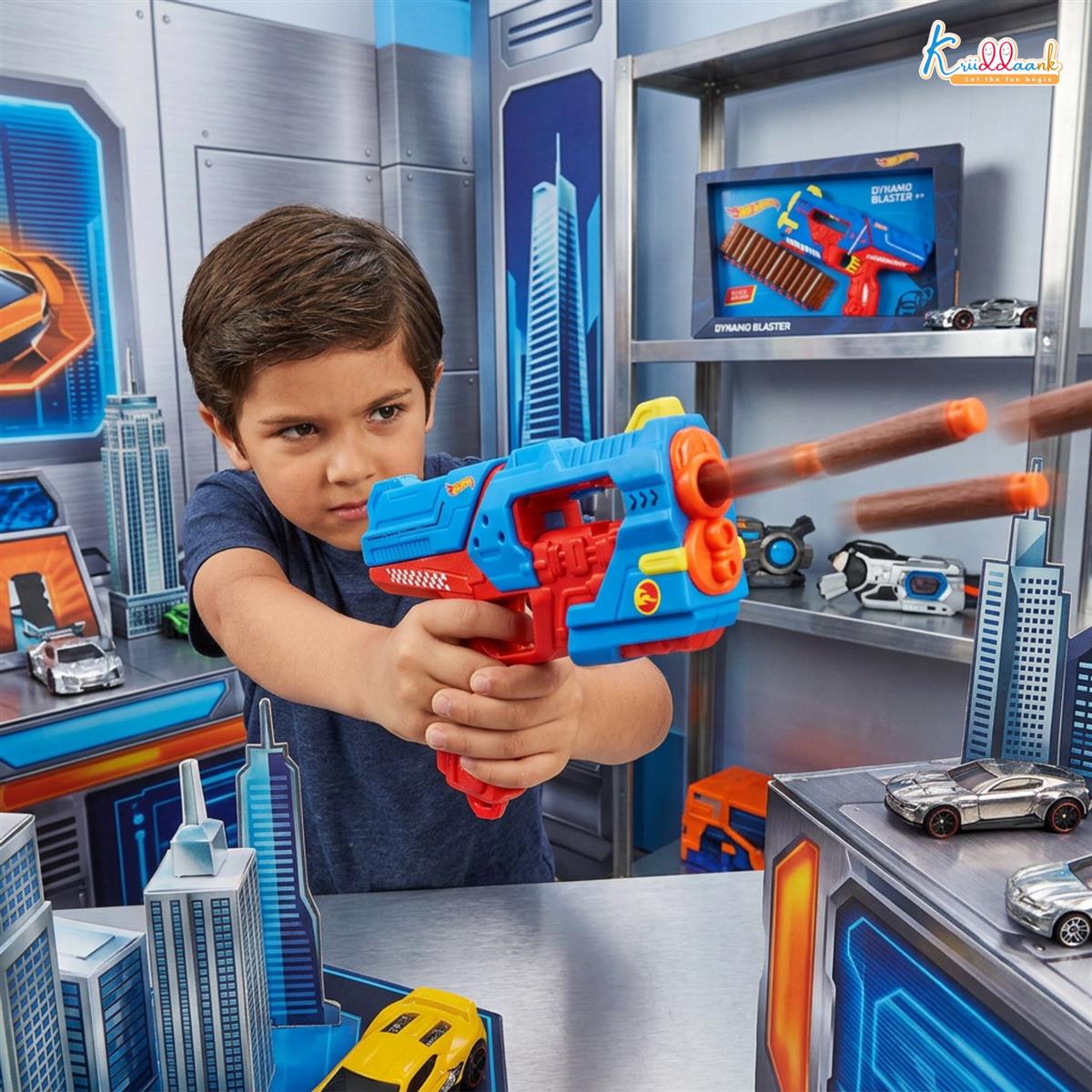 kriiddaank Hot Wheels Dynamo Blaster Toy Gun with 22 Soft Foam Bullets & 12-Dart Cartridge, Long Range Action