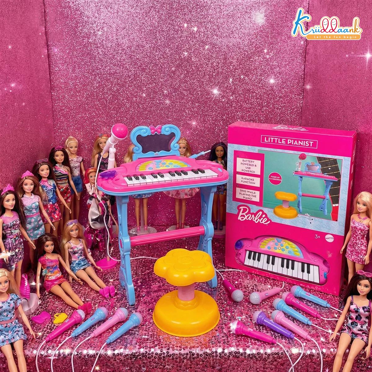 Kriiddaank Mattel Barbie Theme Little Pianist Keyboard with Microphone & Stool