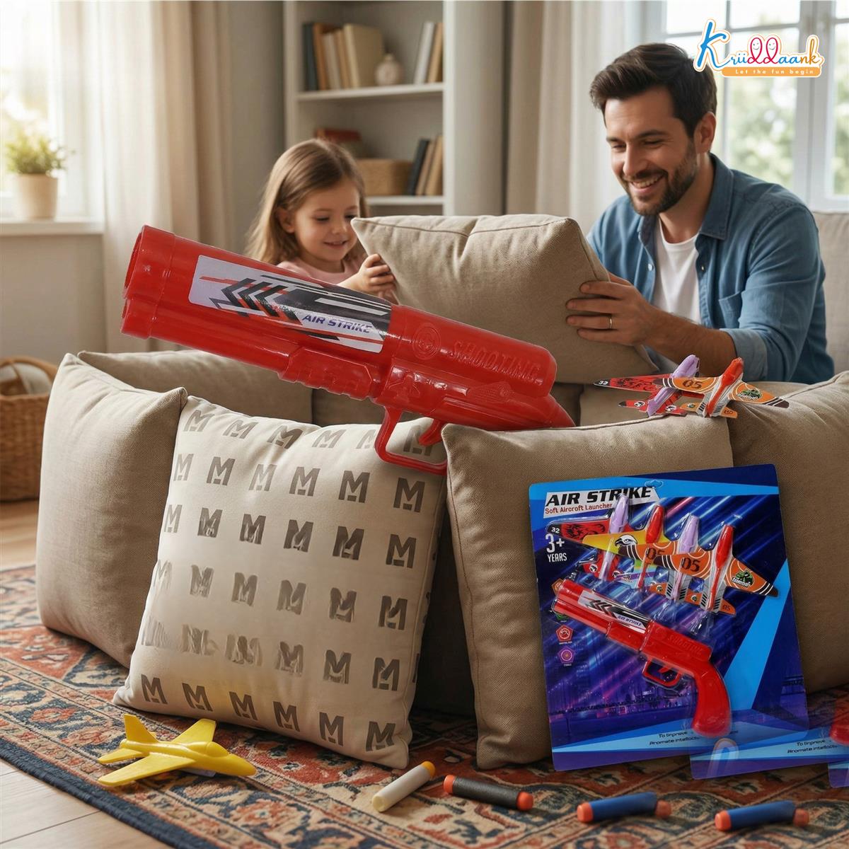 Kriiddaank Soft Aircraft Launcher Toy - Includes 4 Foam Glider Planes - Blue Manual Catapult Gun for Kids 3+ Years