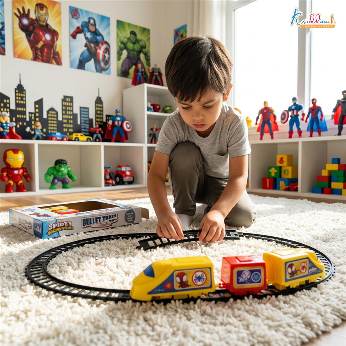 Kriiddaank Marvel Spiderman Train Set for Boys - 11 Piece Yellow