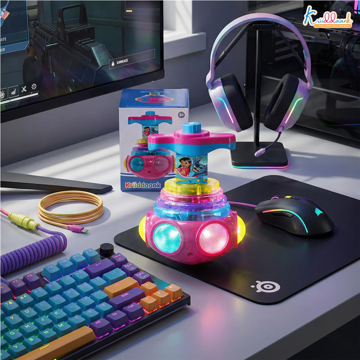 Kriiddaank Stitch Dizzy Glow Top - LED Light & Music Spinning Top Toy for Kids