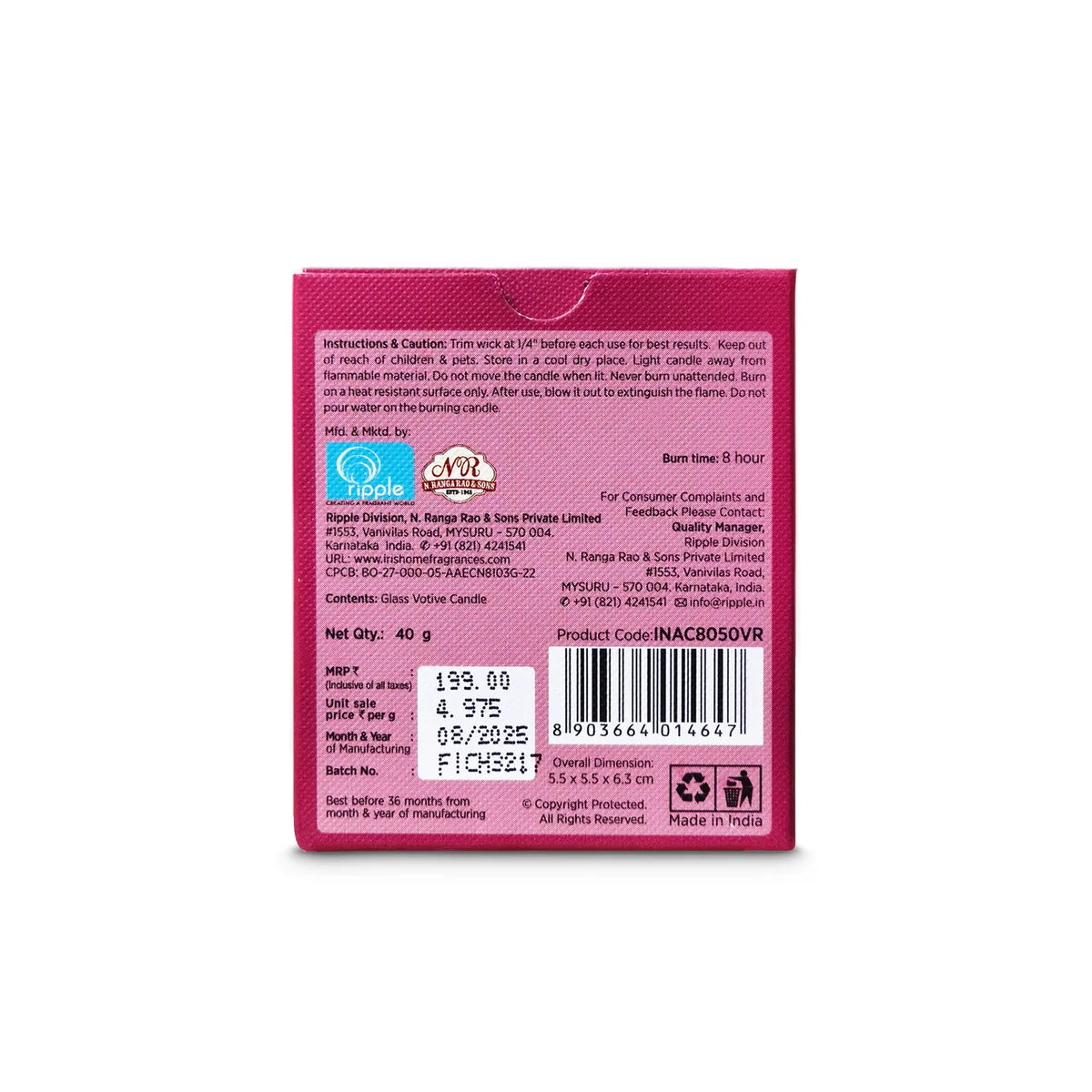 IRIS Velvety Rose Frosted Shot glass scented candle 40gm