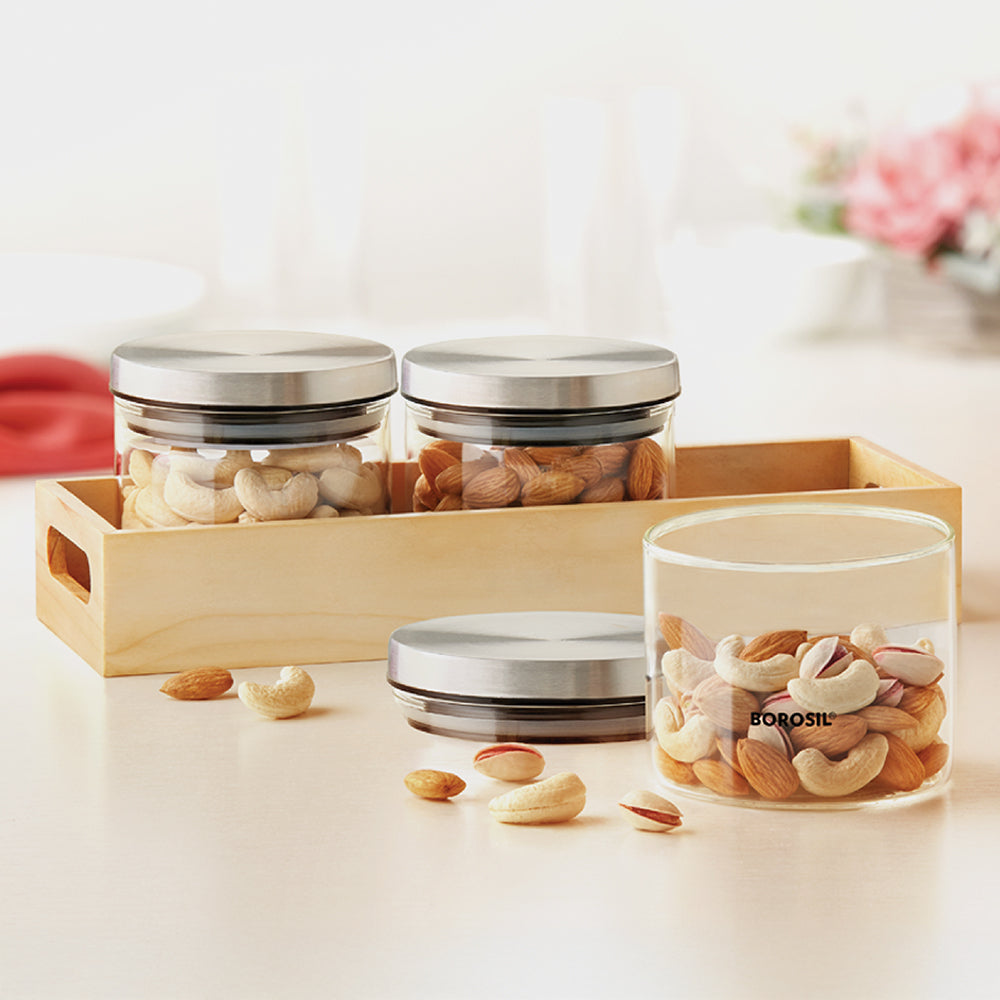 Borosil Classic Jar with Wooden Tray Set of 3, 300ml