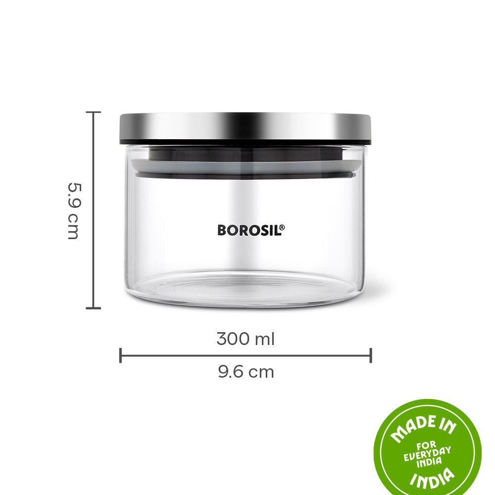 Borosil Classic Jar with Wooden Tray Set of 3, 300ml